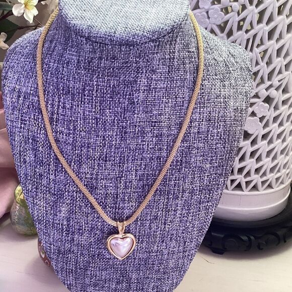 NWT. Goldtone Shiny Mesh Necklace with Faux Pearl Heart Pendant - Picture 1 of 6